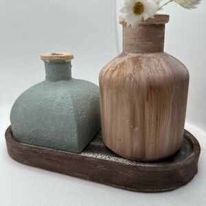 Rustic Ceramic Vase Duo on Wooden Tray